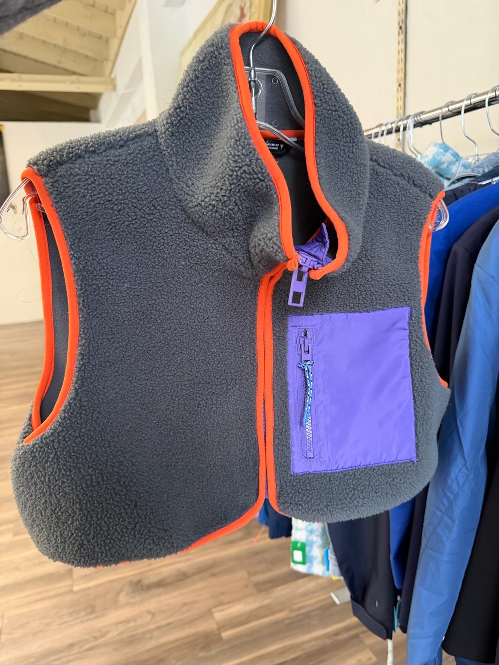 Zara Charcoal Fleece Vest with Purple Pocket and Orange Trim